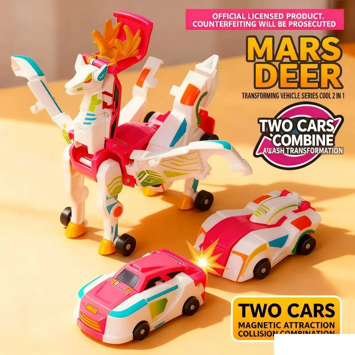 Mars Deer transforming vehicle series set showing a unicorn car and a deer car combination