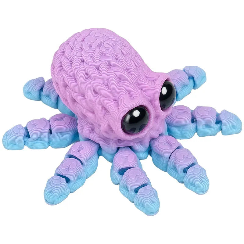 A purple 3D printed articulated octopus fridge magnet with blue tentacles.
