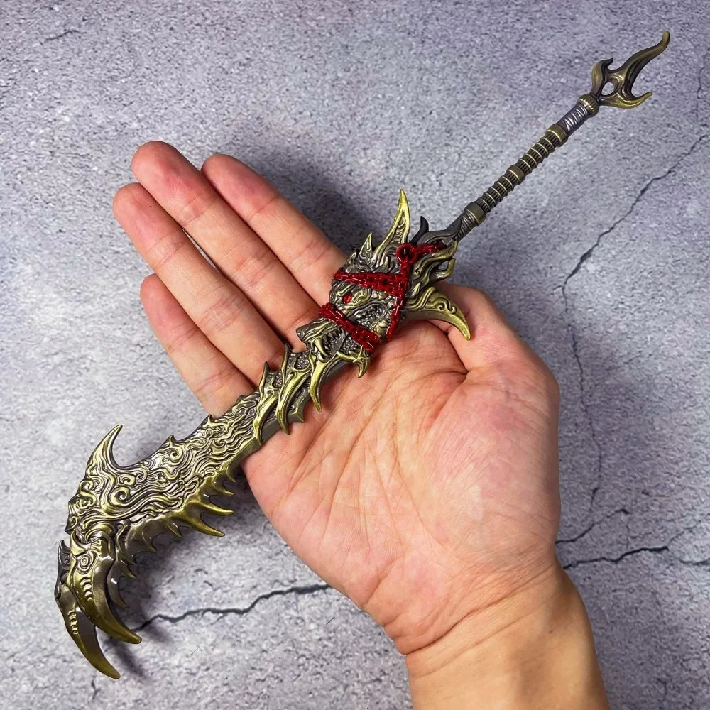 Eine Hand hält ein 11-Zoll-Metall-Naraka Bladepoint Katana Replika-Schwert mit verzierten Griff.
