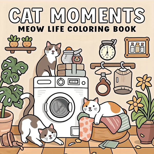 A coloring book illustration featuring various cats and cat-related items like a washing machine and potted plants.