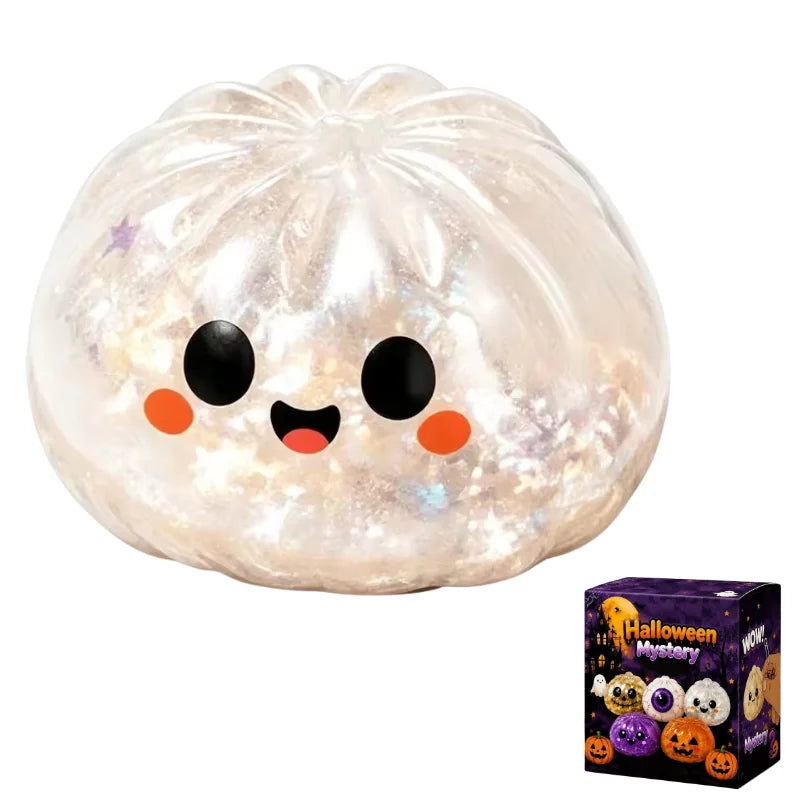 A glowing, round squishy stress ball toy with a cute face design.