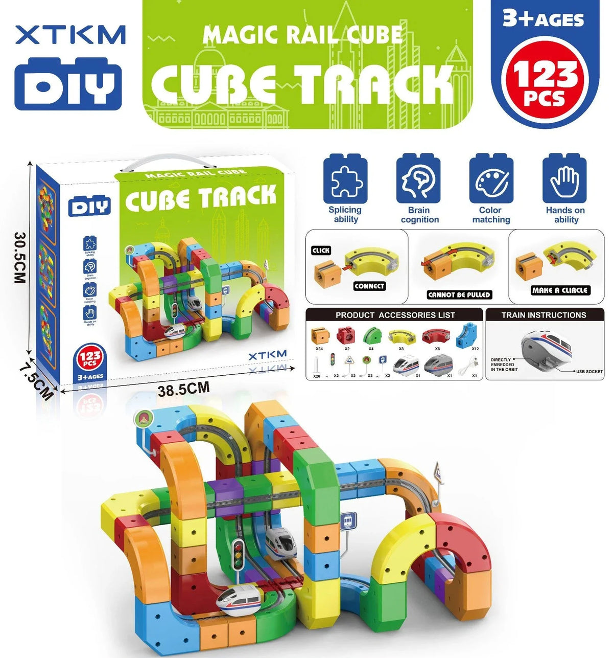 A colorful magic rail cube track set made of interlocking blocks and pieces for educational play.