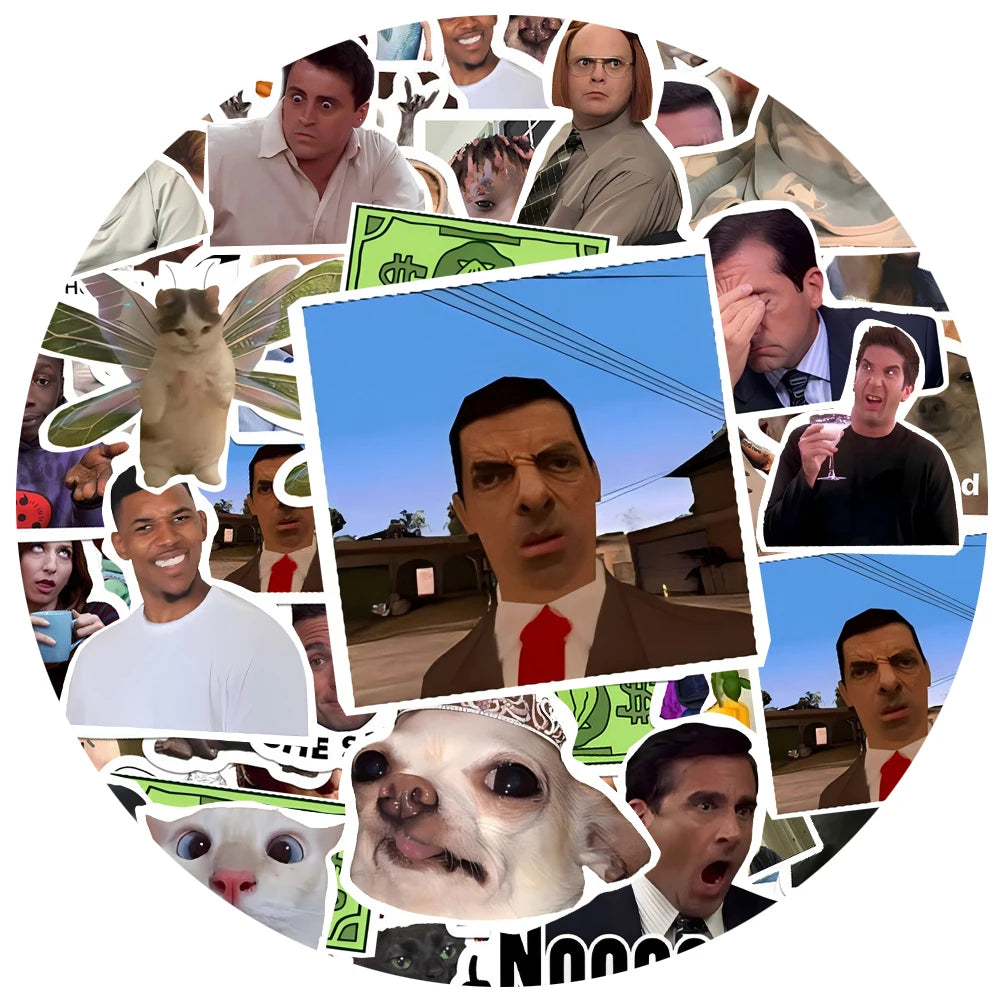 A circular collage of various funny meme faces and cartoon characters.