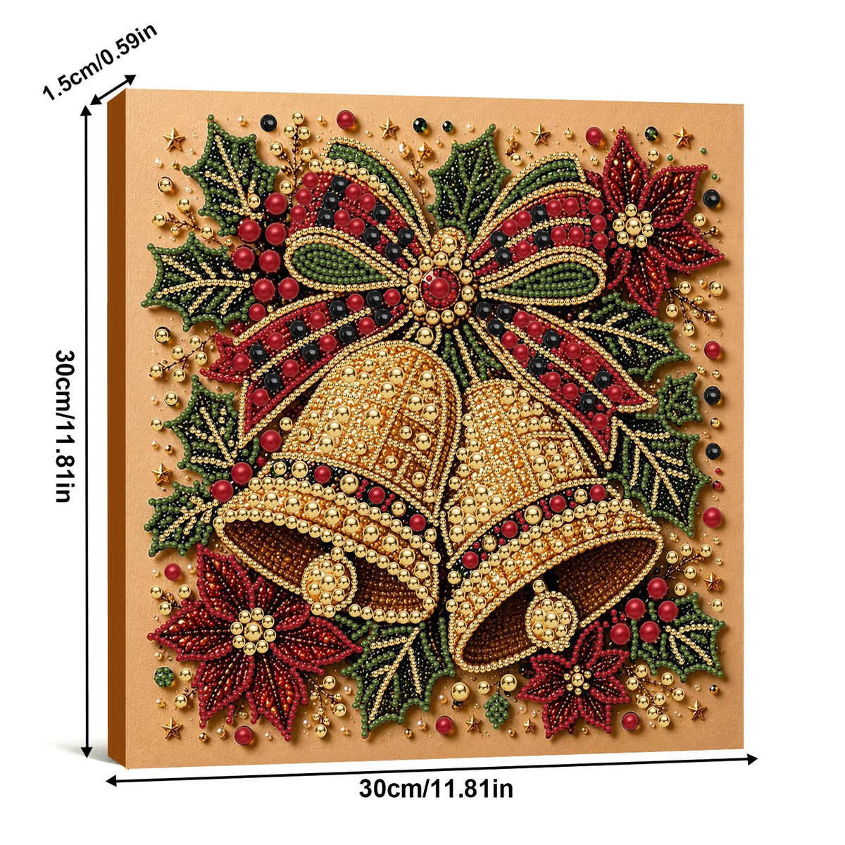 A framed diamond painting featuring a Christmas theme with gold and red pearls and foliage.