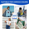 A product image showing transfer powder suitable for various colors, displayed next to clothing items.