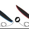 A black and blue mini finger surfboard skateboard toy with attached elastic bands.