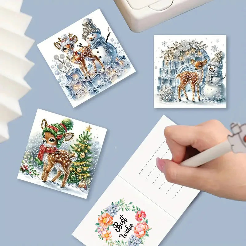 A hand is writing on a greeting card featuring deer and snow scenes, with several related cards displayed.