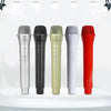 Five realistic toy microphone props in silver, black, gold, white, and red are displayed against a white background.