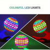 Colorful LED lights in a 360° rotating flying ball toy being held by a hand.