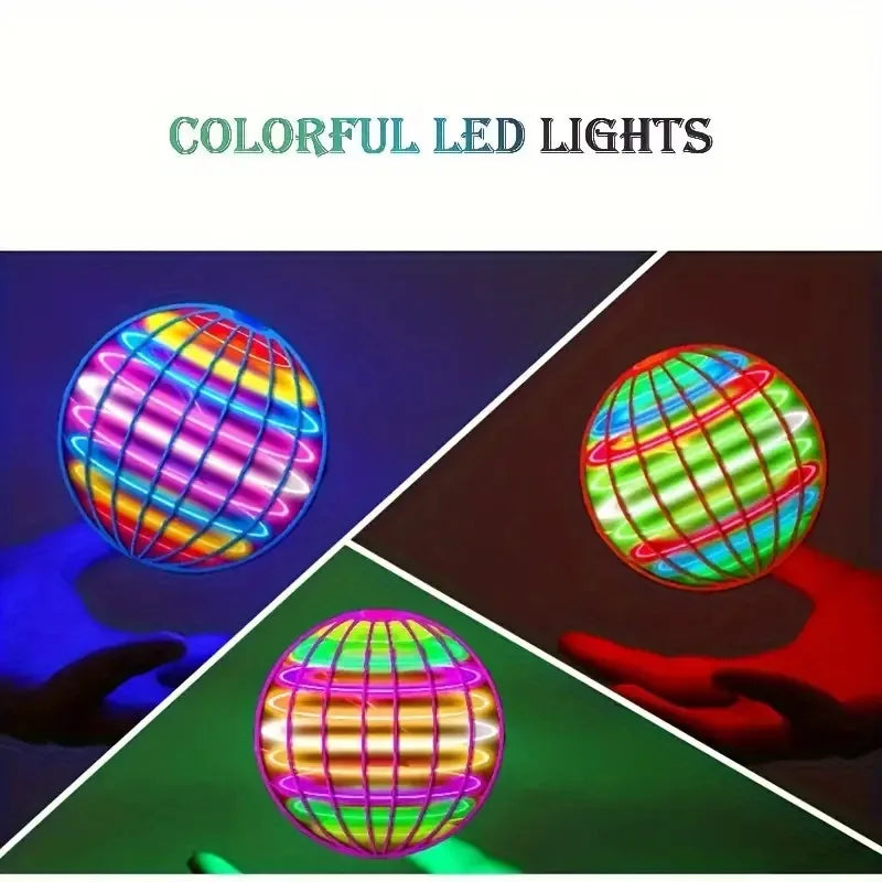 Colorful LED lights in a 360° rotating flying ball toy being held by a hand.