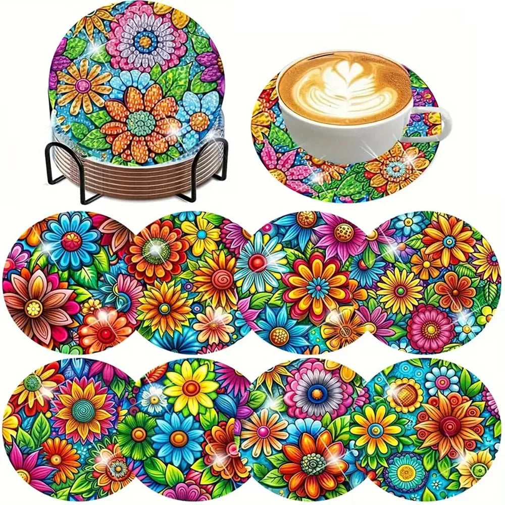 A colorful DIY diamond art coaster set featuring cute dog designs with a metal holder and a latte art coffee cup.
