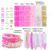 A variety of pink and gold beads, including various sizes and shapes, are displayed in small plastic trays and strung into br