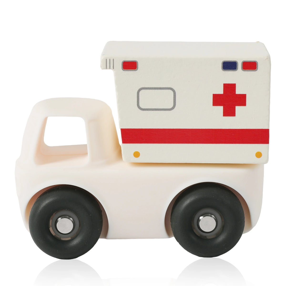 A white silicone toy car with a red cross emblem and black wheels.