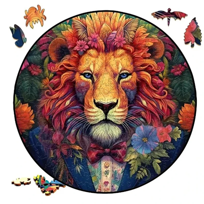 A circular wooden puzzle featuring a detailed, vibrant painting of a lion's head.