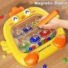A yellow magnetic board with numbered and colored beads for a matching puzzle game.