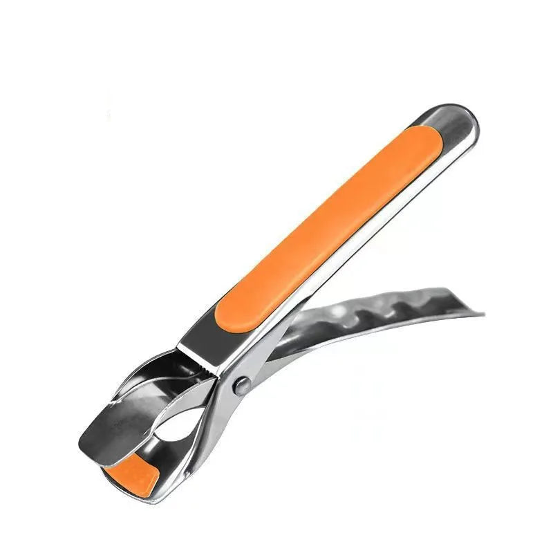 Orange silicone pot gripper with metal tongs used for gripping kitchen items.