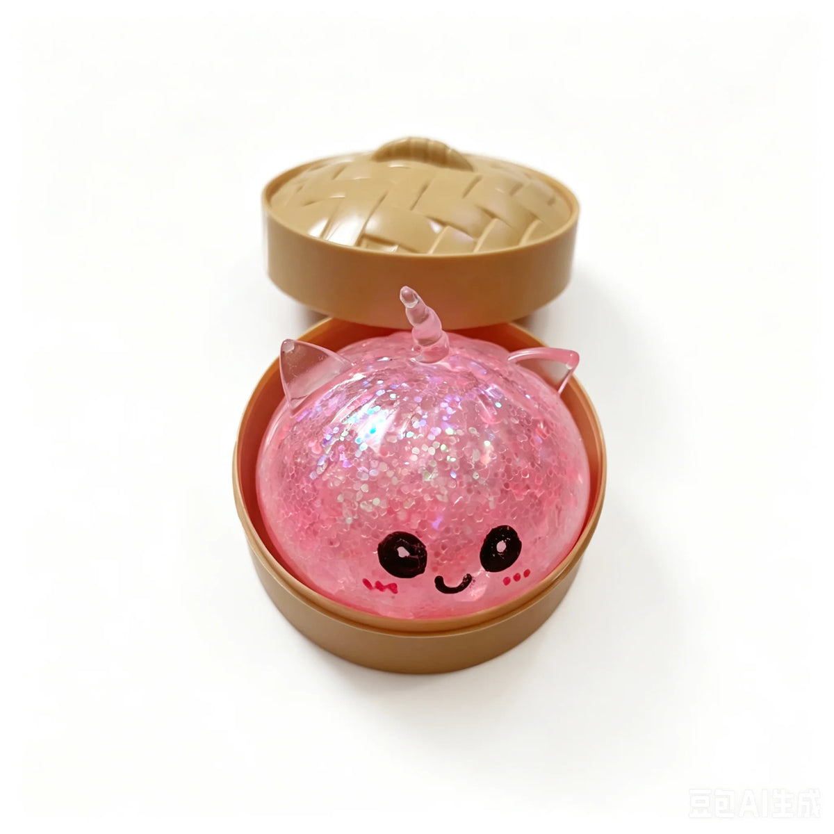 A pink unicorn squishy stress ball is shown in an open bamboo steamer box.