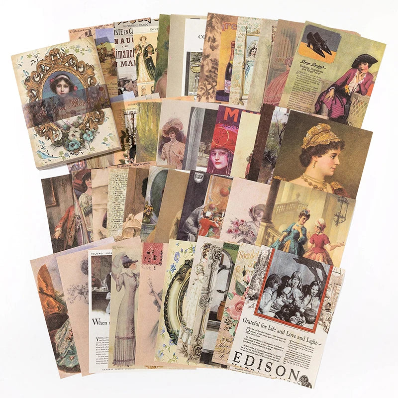A collection of vintage decorative paper sheets for scrapbooking and journaling featuring various illustrations and text.