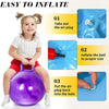 A girl is demonstrating how to inflate a purple inflatable hopper ball by removing and reinserting the air plug.