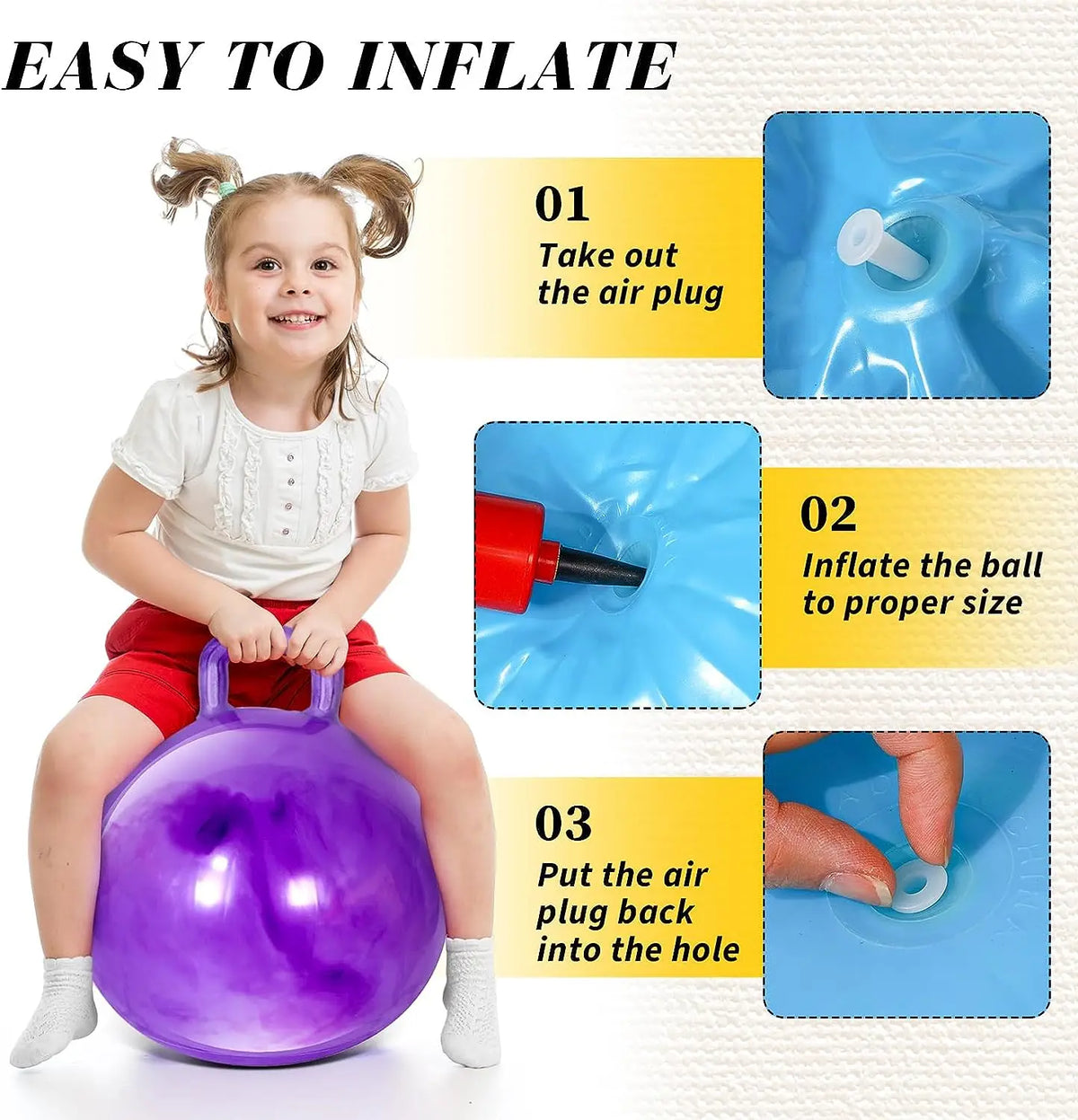 A girl is demonstrating how to inflate a purple inflatable hopper ball by removing and reinserting the air plug.