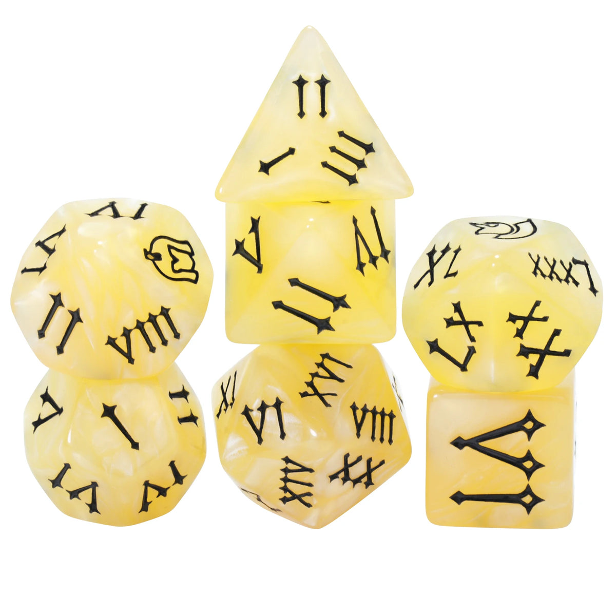 A set of seven yellow polyhedral dice showing Roman numerals and symbols for tabletop role-playing games