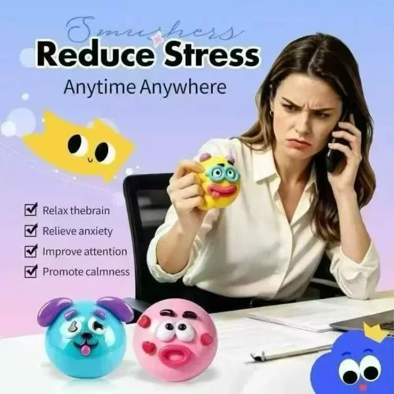 A woman is shown using a squishy toy to reduce stress while on the phone, with several colorful dog face squishies in the for