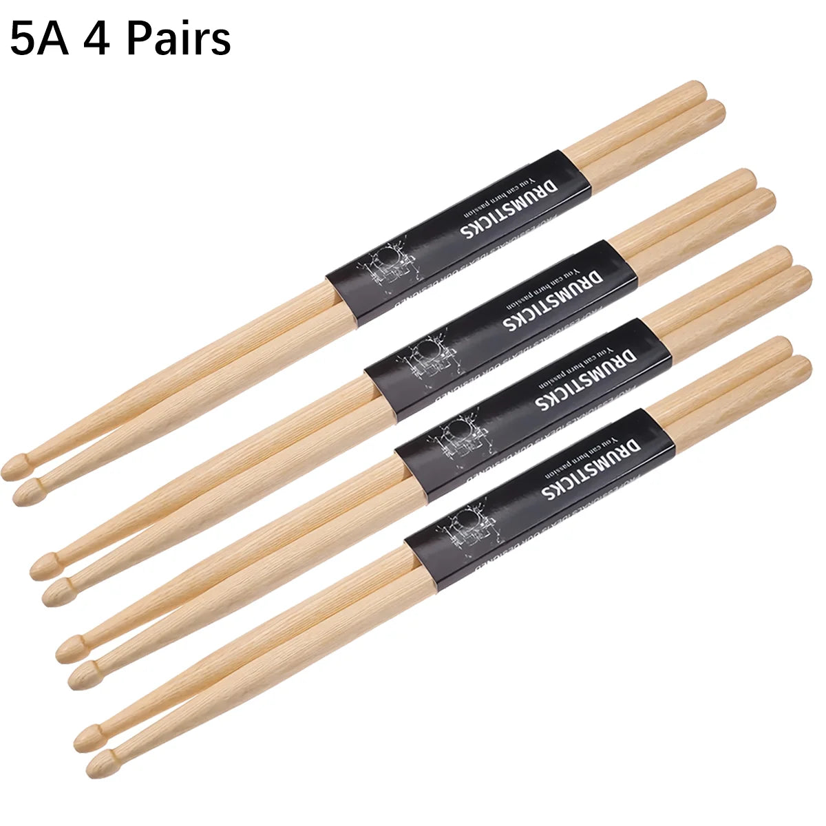Five pairs of classic maple drumsticks labeled 5A and 4 pairs labeled 7A are displayed on a white background.