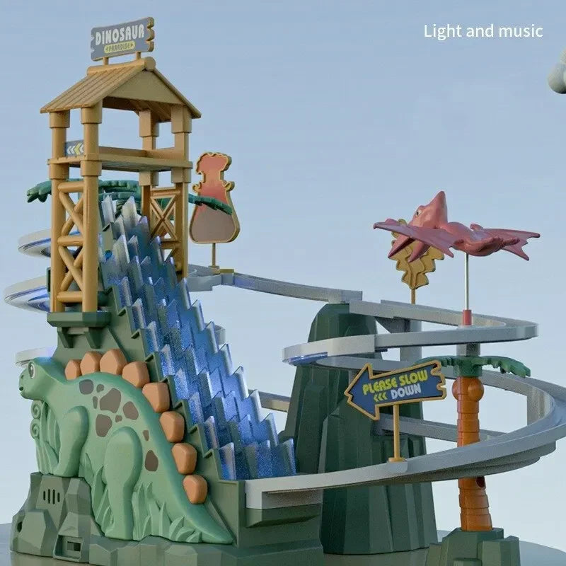 A wooden dinosaur race track featuring climbing stairs, a green landscape, and light and music elements.