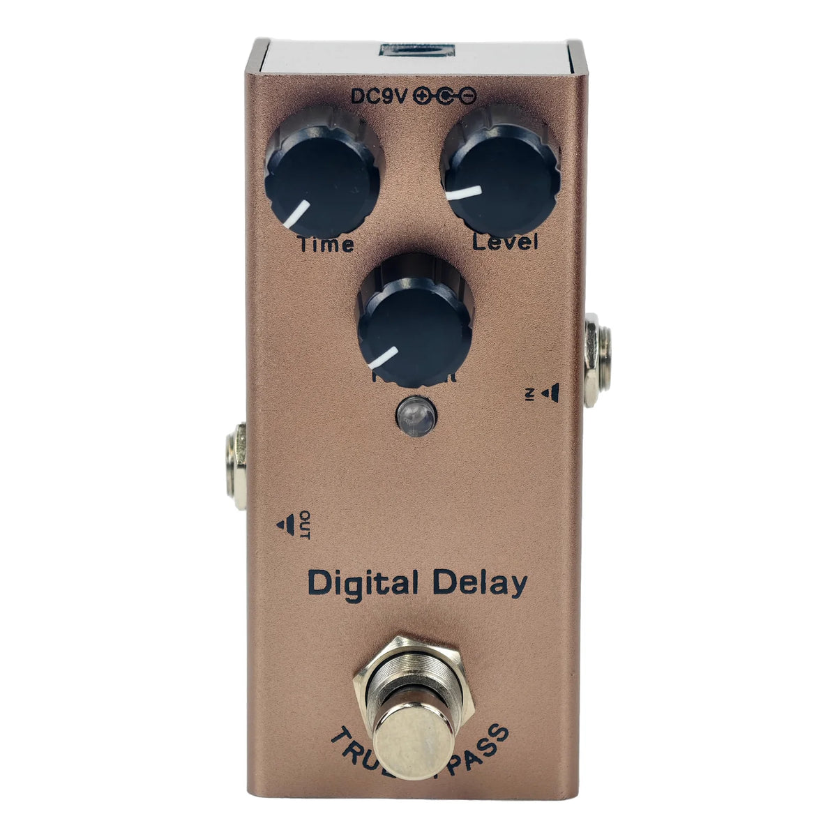 A bronze digital delay effect pedal with time and level controls and a trust pass switch.