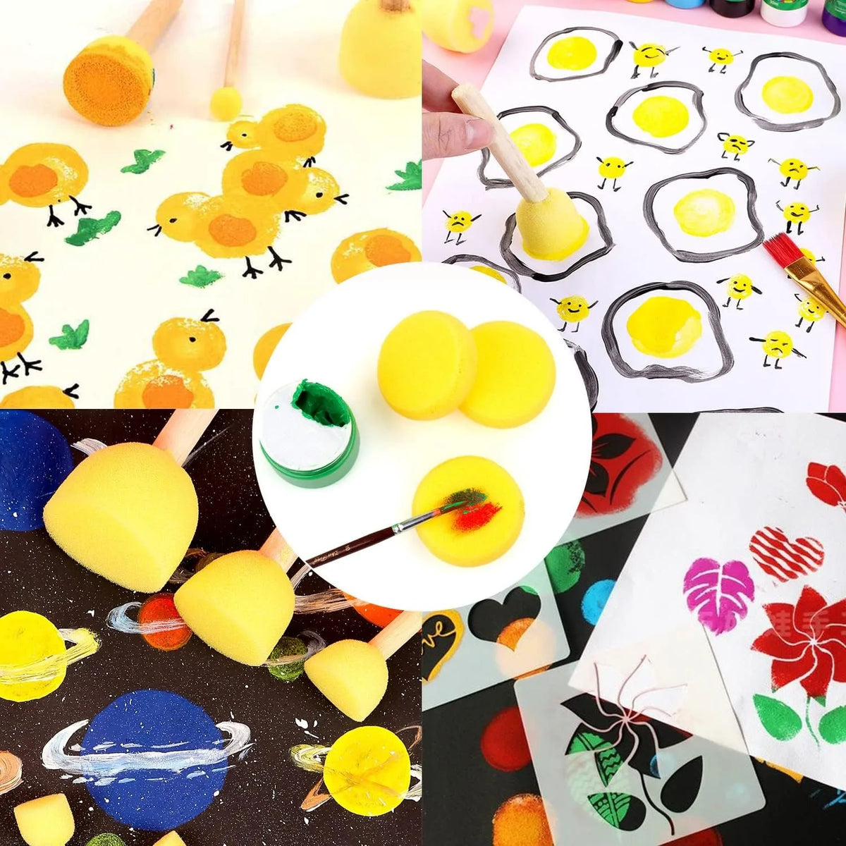 A collection of yellow paint sponges, various colors, and art supplies including paper and tools for painting projects.