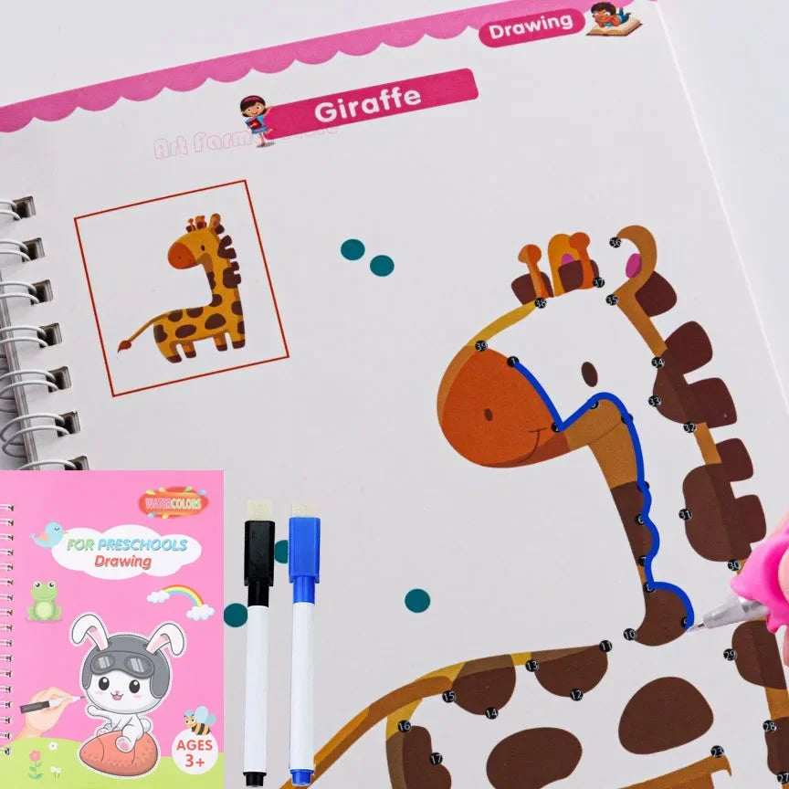 A drawing page from a preschool tracing workbook featuring a giraffe illustration and writing practice.