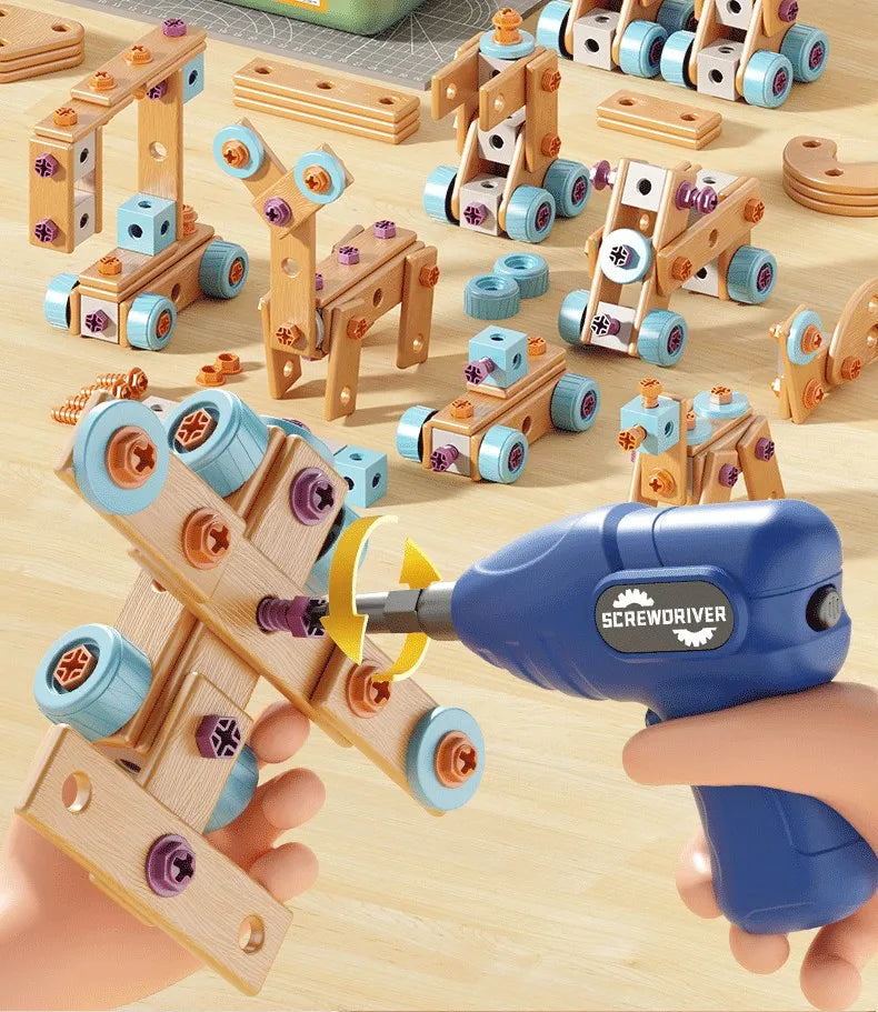 A hand holds a wooden nut disassembly puzzle featuring small wooden blocks and screws.