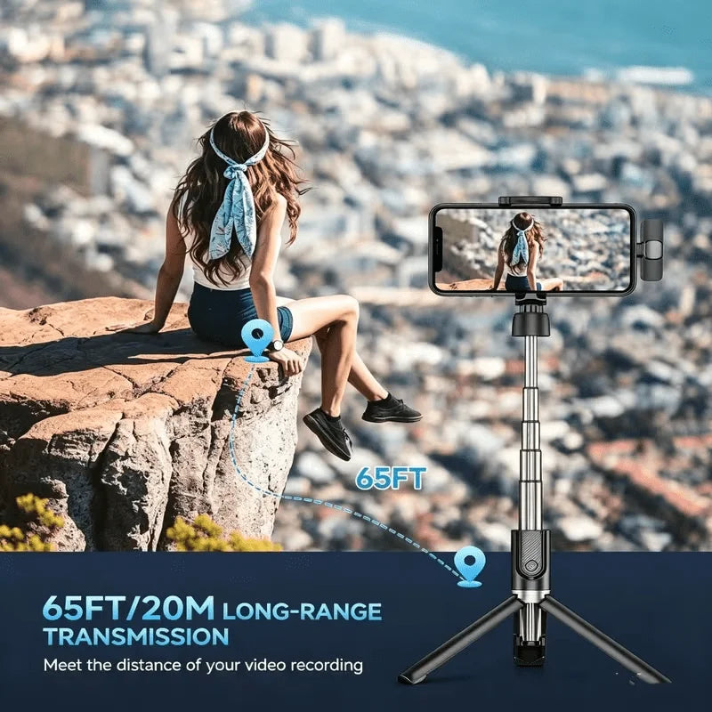 A woman holds a smartphone with a wireless microphone attachment, demonstrating 65ft long-range transmission.