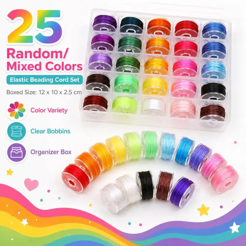 A box of assorted colored elastic beading cord sets and a loose arrangement of various colored beading cords.