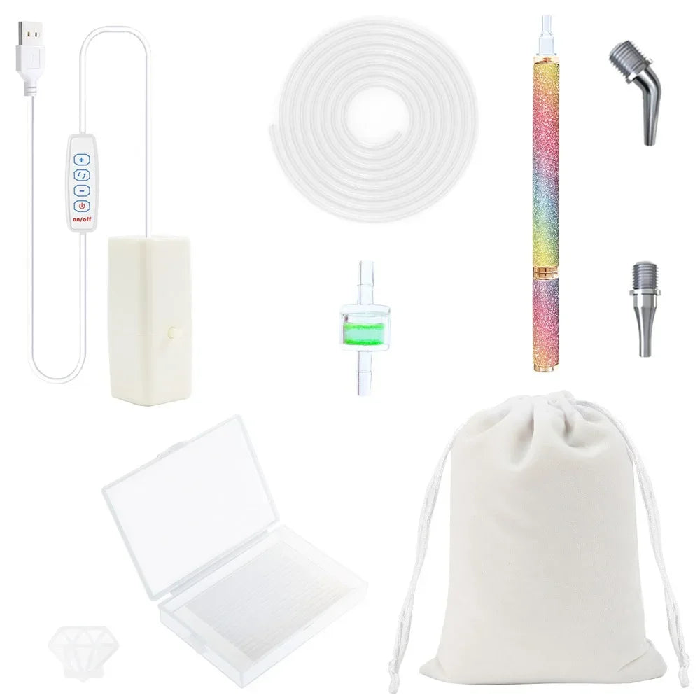 Electric diamond painting pen kit with a USB suction tool and storage bag