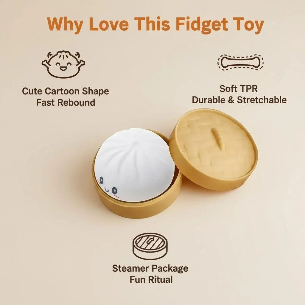 A round white squishy toy is shown in a yellow container, illustrating features like cute shape and soft TPR material.
