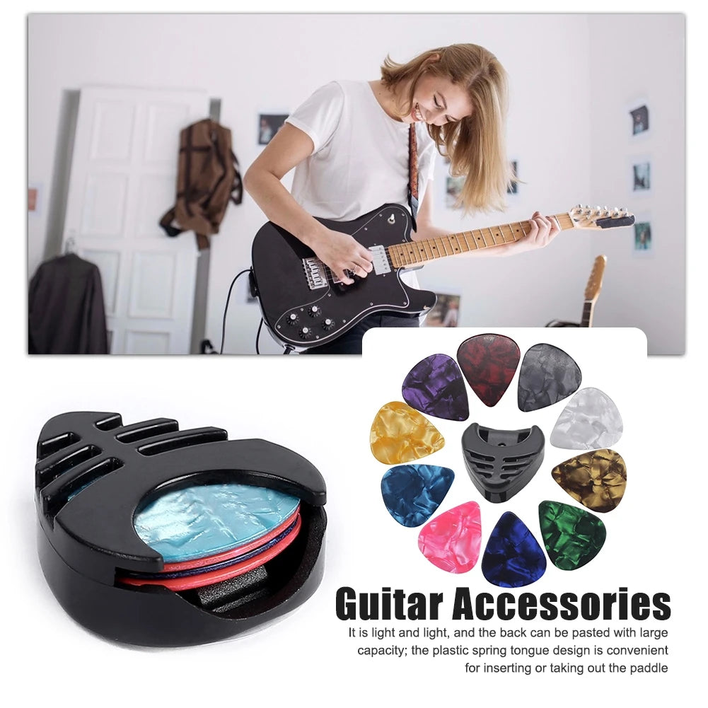 A black guitar accessory kit featuring a capo, tuner, and picks for easy use.