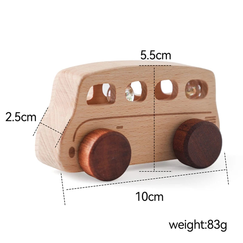 A wooden Montessori push cart toy shaped like a car or bus, made of light wood with round wheels.