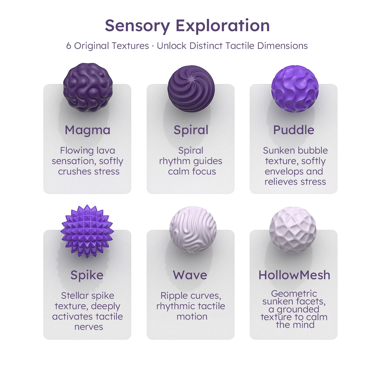 Six original textured silicone fidget balls in purple and silver colors for sensory exploration