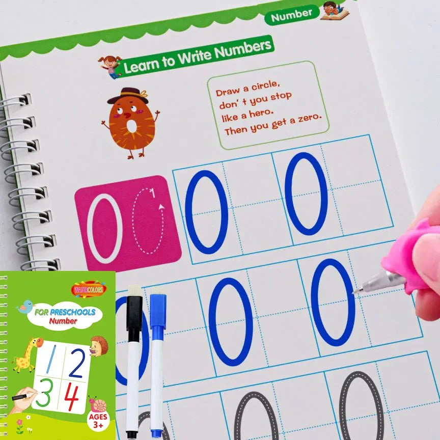 A preschool number tracing workbook showing practice for writing numbers zero and one.