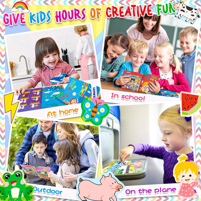 A colorful sticker book featuring animal scenes and preschool learning activities for kids.