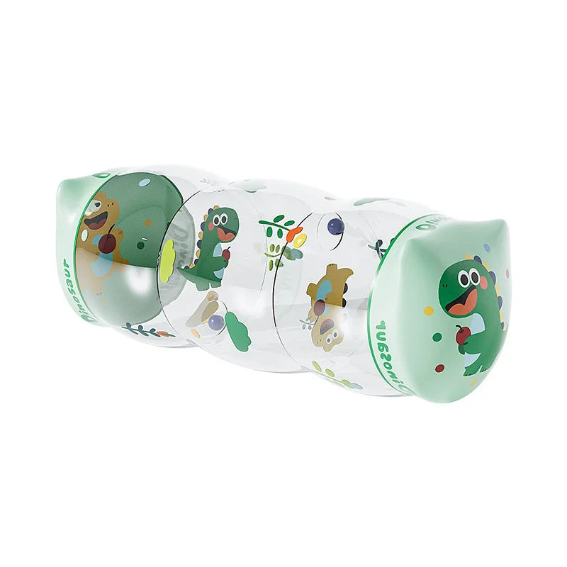A clear silicone roller toy with various colorful figures for baby tummy time and crawling practice.