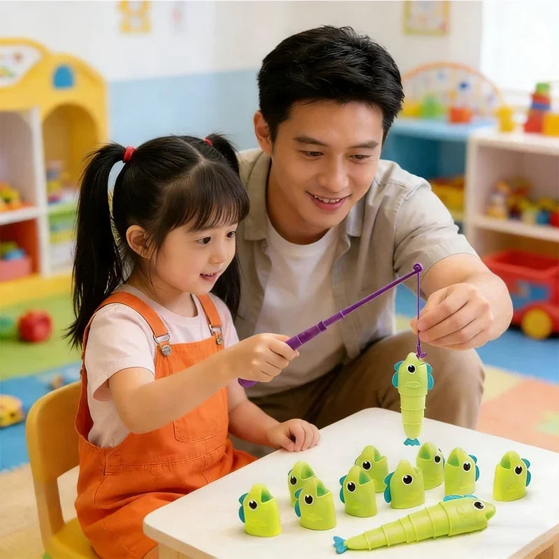 A boy and a girl play with a green stretchable fishing board game featuring yellow fish on a white surface.