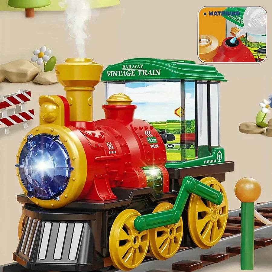 A yellow and red electric steam train toy truck with lights and a green vintage train engine on a track.