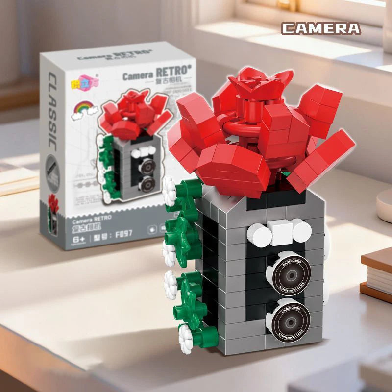 Retro Camera Building Blocks Set with Flower Bonsai Design