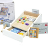 Wooden pretend play supermarket checkout counter with cash register and toy money