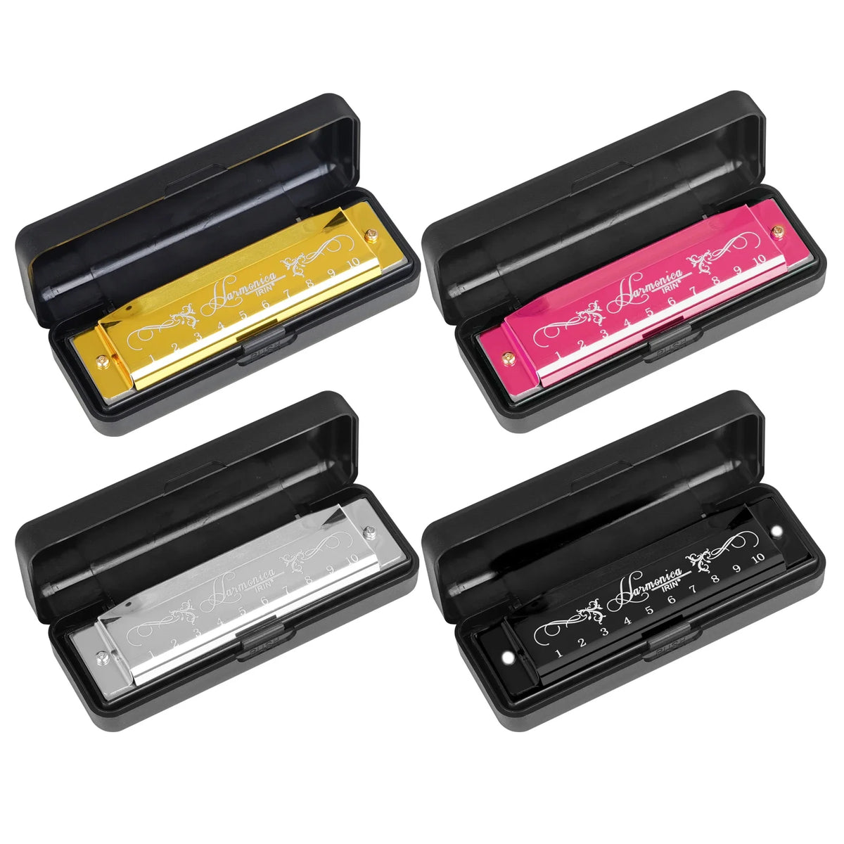 Four views of a colorful 10-hole C key harmonica for beginners in black packaging.