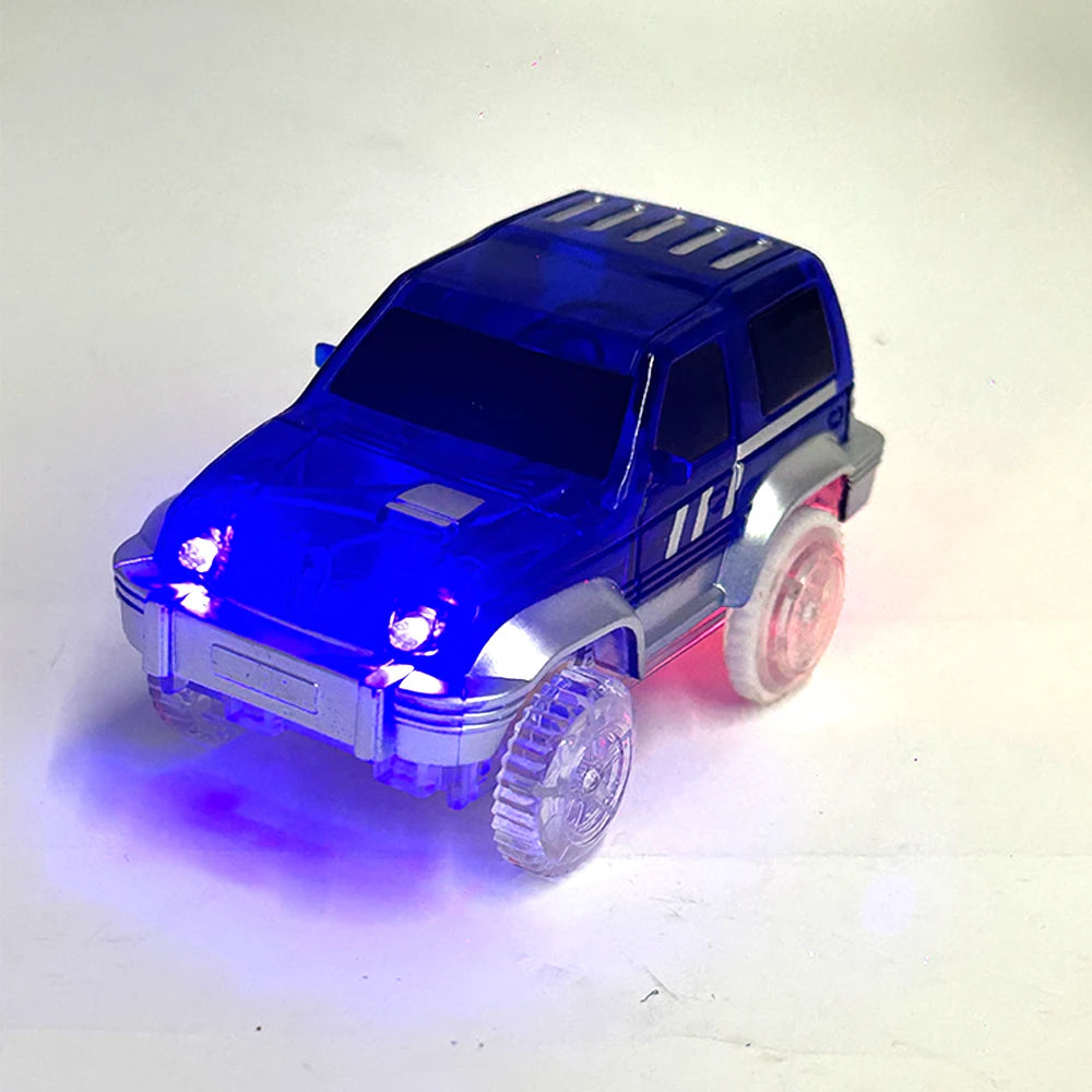 A blue race track car toy with glowing LED lights on, viewed from the side.