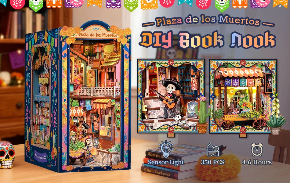 A DIY book nook kit featuring a detailed miniature scene with built-in LED lighting and wooden elements.