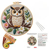 A complete DIY embroidery kit featuring an owl and flower design with stamped patterns for adults.